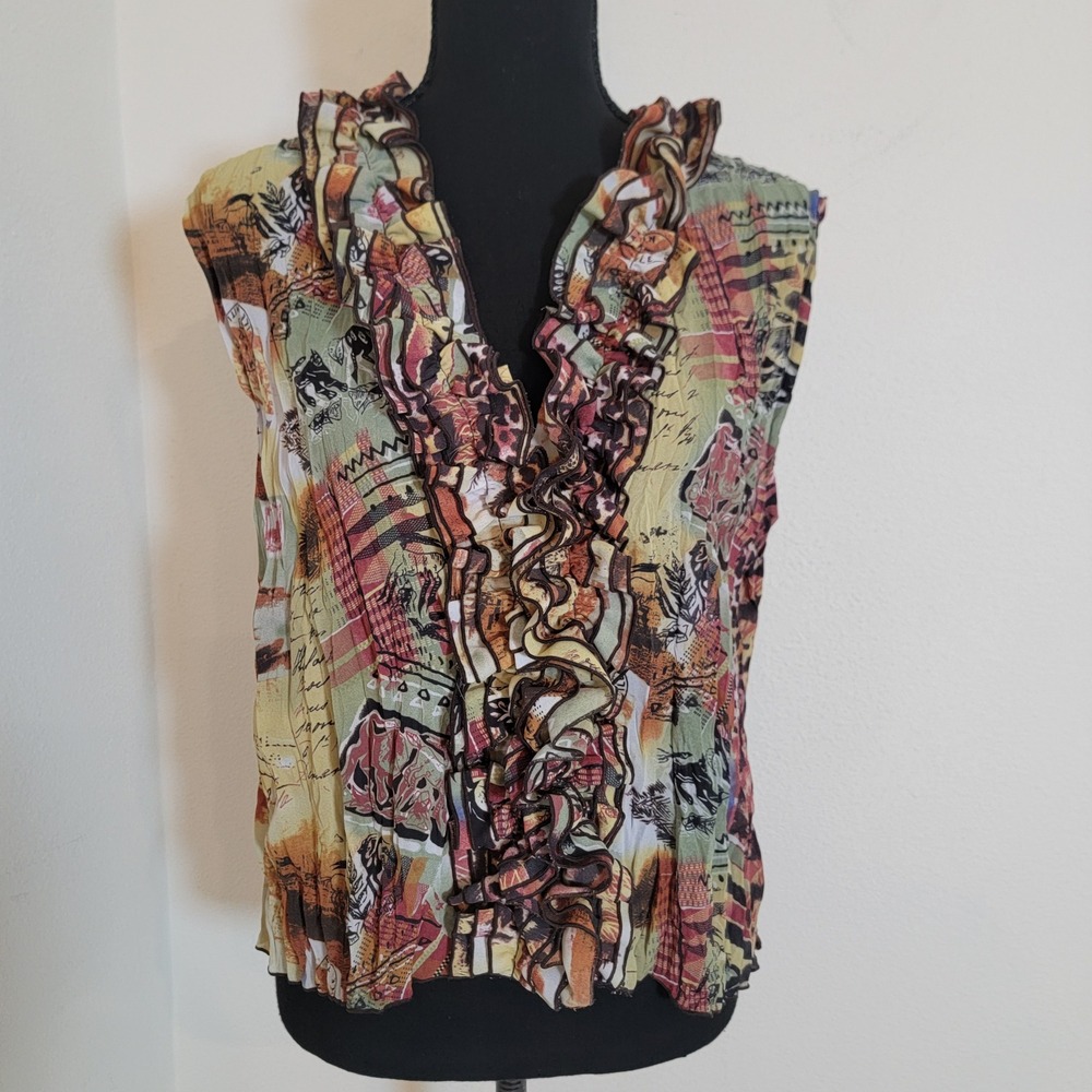 Jaipur XL Ruffle Blouse Sleeveless Button Front Art to Wear Top Casual Boho